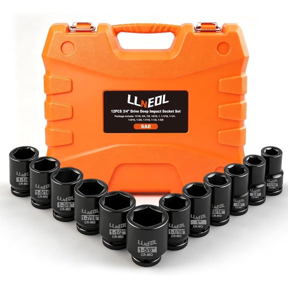 3/4 Inch Drive Socket Set, 12Pcs Impact Deep/Jumbo Sockets, Standard SAE 11/16" to 1-5/8", 6-Point CR-MO Heavy-Duty Big Socket Set for Large Vehicle & Equipment Maintenance