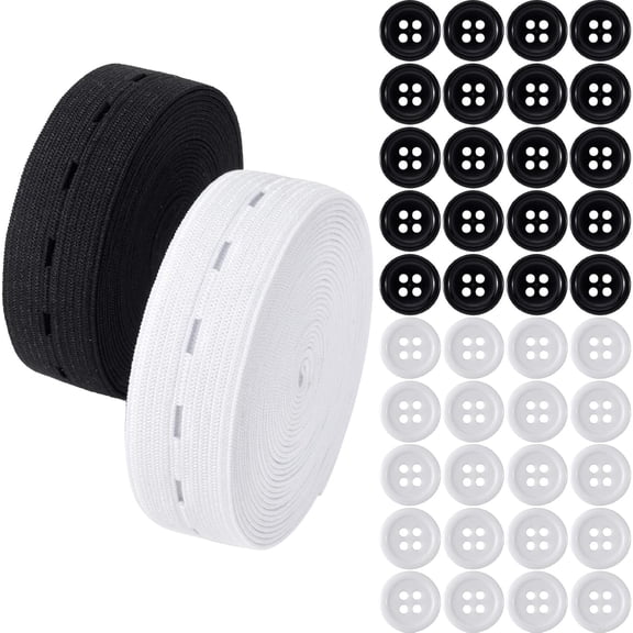 3/4 Inch Elastic Band with Buttonholes, Flat Black & White Pant Button Sewing Waist Band Tightener Spool, Elastic Fabric String Strap Adjustable for Clothes Jean DIY Craft (3.28 Yards)