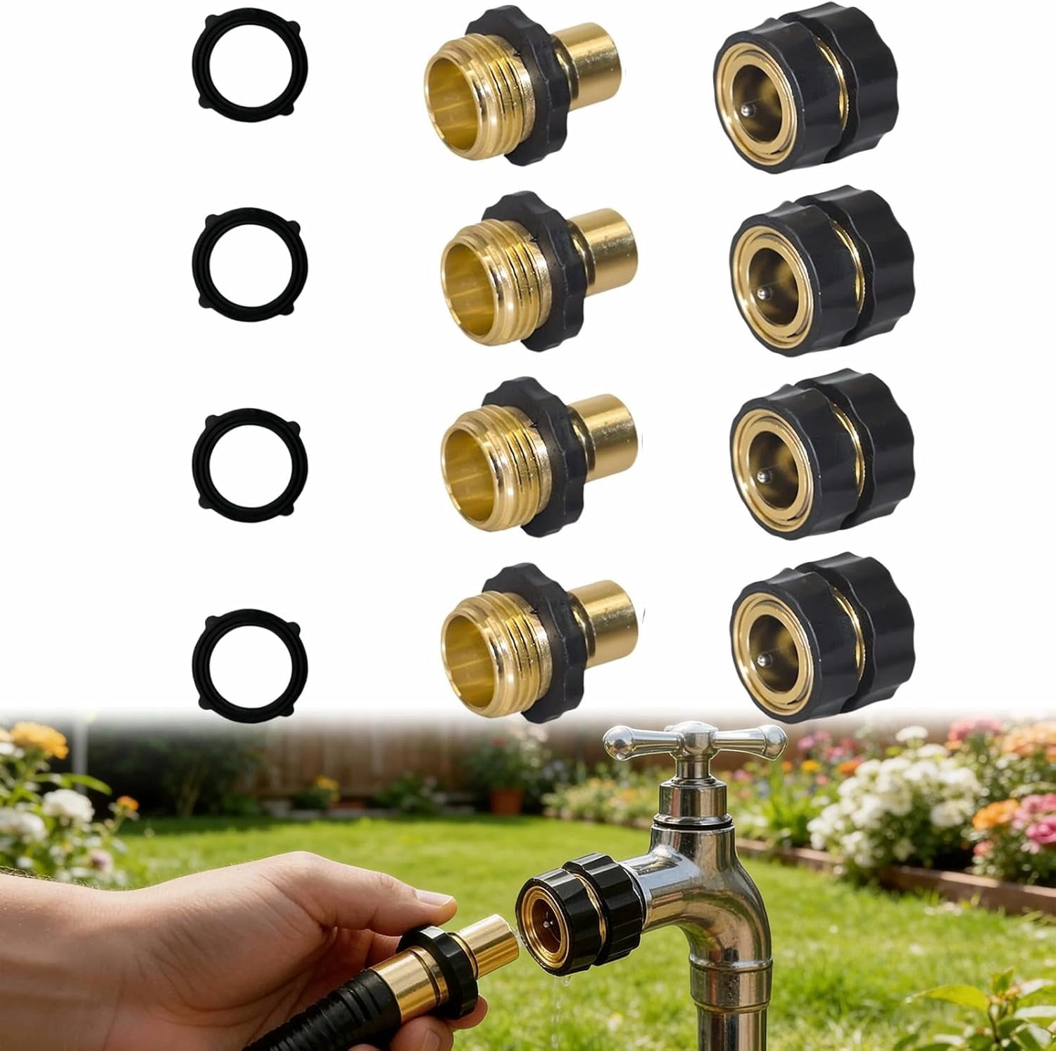 3/4 Inch Garden Hose Quick Connector 4 Sets/Bag, Universal Garden Hose Quick Connect Set Brass Hoses Tap, Hoses Attachment(4Pcs)