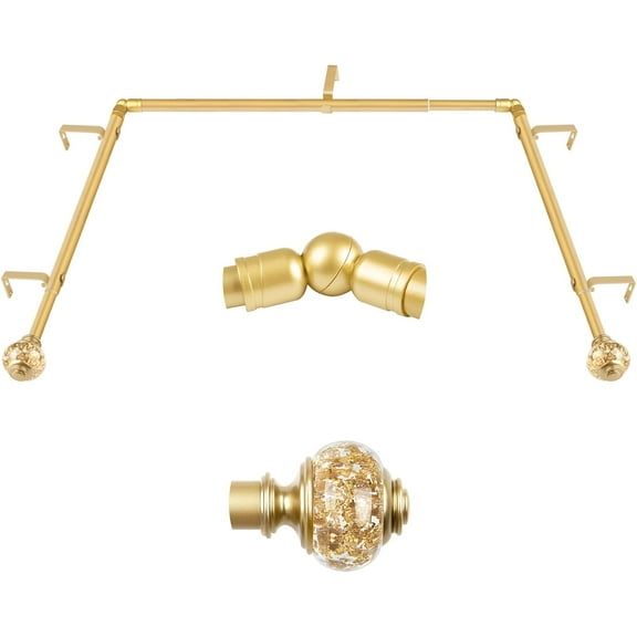 3/4 Inch Gold Bay Window Curtain Rods,  Telescoping Curtain Rods for Bay Windows 36-72 Inch (Center Rod), 20-36 Inch (Side Rods) with Translucent Finials