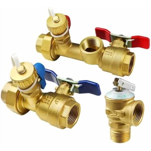 3/4 Inch IPS Isolator Tankless Water Heater Service Valve Kit with Pressure Relief Valve, Clean Brass, 3/4 Inch Service Installation Valve for rheem,rinai,ecosmart,navien,noritz,takagi,bosch
