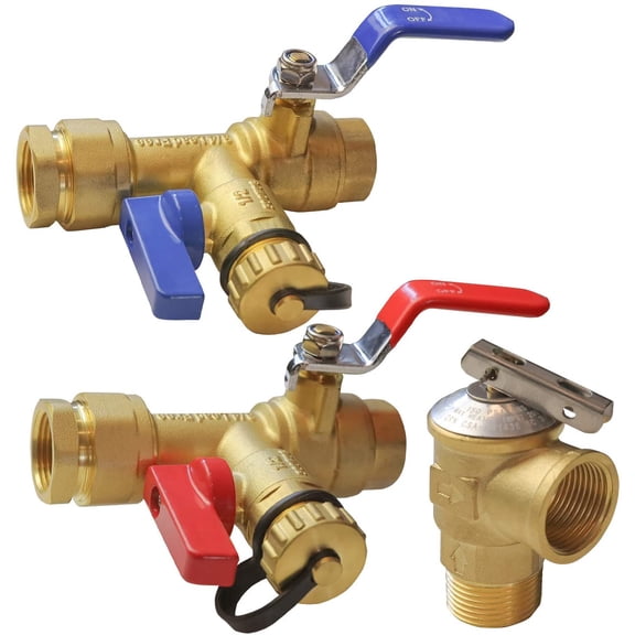 3/4 Inch IPS Isolator Tankless Water Heater Service Valve Kit, with Pressure Relief Valve, Clean Brass