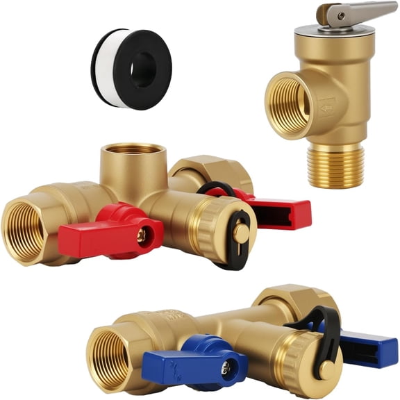 3/4 Inch IPS Isolator Tankless Water Heater Service Valve Kit with Pressure Relief Valve, Lead-Free Brass