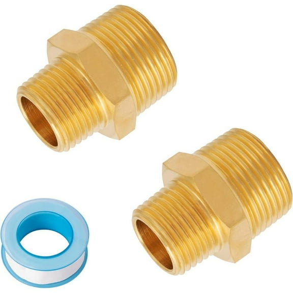 3/4 Inch NPT x 1/2 Inch Male Hex Nipple Reducer, 3/4'' to 1/2'' Male Brass Pipe Fitting Adapters, Brass Hex Nipple Reducing Connectors with Sealing Tape (2 Pack),Hand Tools Kits,Springtok