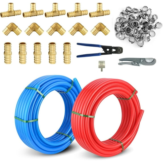 3/4 Inch Niikappu Blue & Red PEX-B Pipe, 2 x 75 Ft (150 Ft) Pex B Tubing with a Pipe Cutter, 15PCS Fittings & 40PCS Rings(AB475139)