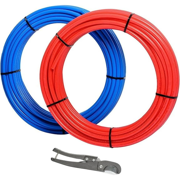 3/4 Inch PEX-B Pipe, 2 Rolls Blue & Red Each 100 Feet (200 ft) Length PEX Tubing Pipes, with Pipe Cutter, for Potable Hot/Cold Water Plumbing and Heating Application