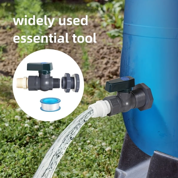 3/4 Inch PVC Ball Valve Water Tank Adapter Kit with Hose Connector and Plumber's Tape, for Rain Barrel, IBC Container, and Garden Hose