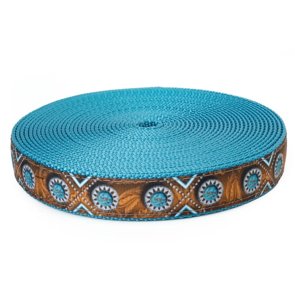 Country Brook Design® 3/4 Inch Saddle Up Ribbon on Ice Blue Nylon Webbing, 5 Yards