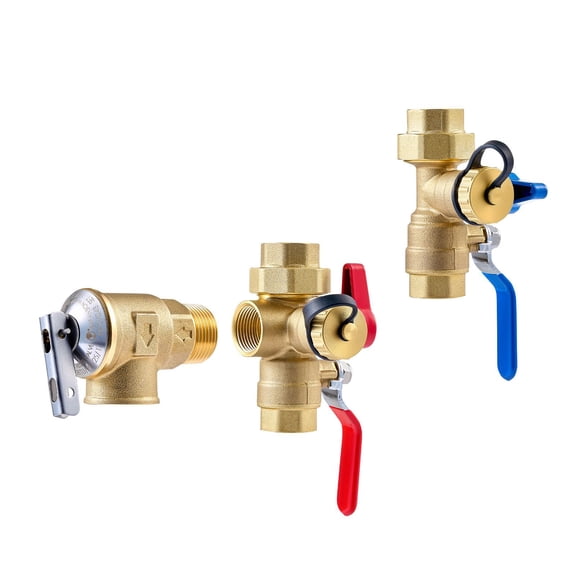 3/4 Inch Tankless Water Heater Service Valve Kit 2 Isolation Valves NPT PEX-B Pressure Relief Valve Lead Free Brass