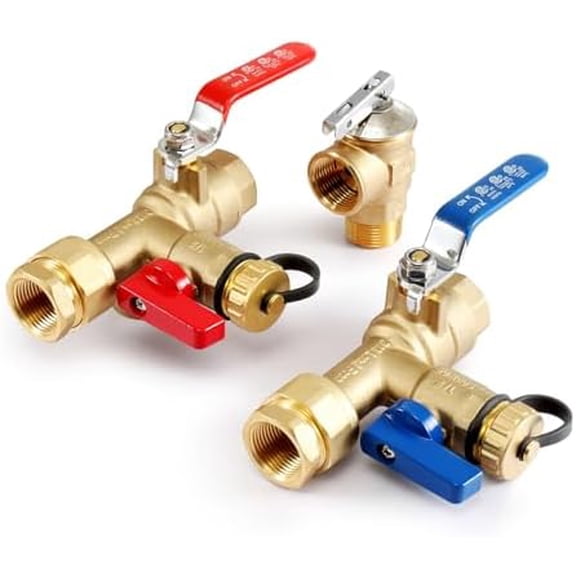 3/4 Inch Tankless Water Heater Service Valve Kit, with Pressure Relief Valve, Hot Cold Water Supply Isolator Valves in Clean Brass Construction$$Tools & Hardware Other