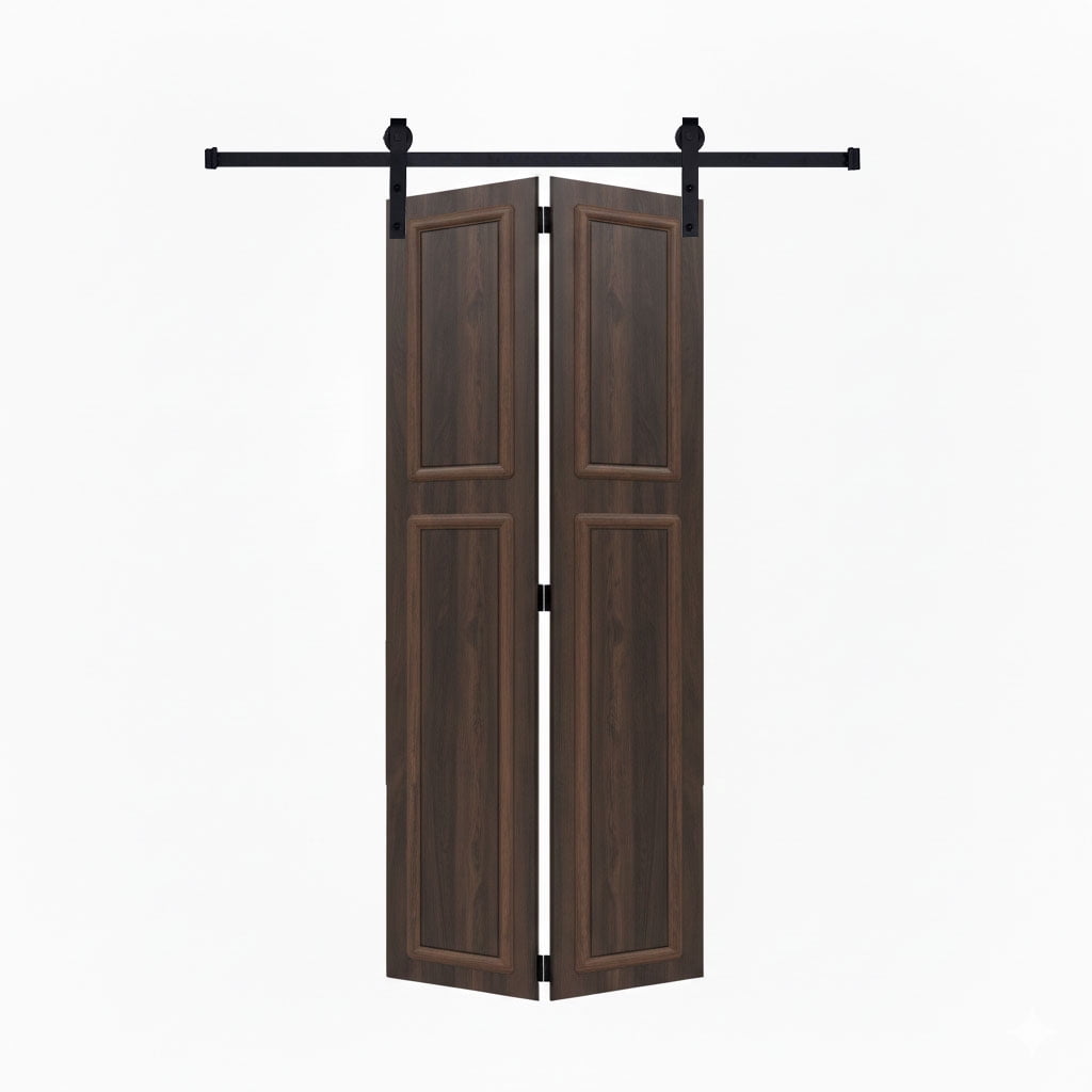3/4 Inch Thickness 2-Panel Walnut Color Finished Mdf Bi-Fold Door With Barn Door Hardware, 18 Series 44in.x78 in.