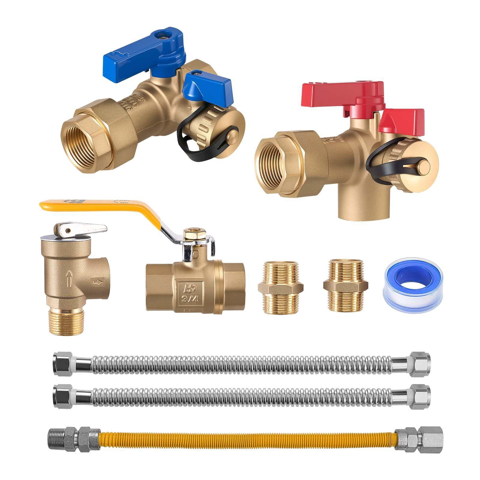 3/4 Inch Water Heater Repair Kit with 600 WOG Valves Pressure Relief Valve Ball Valve Gas Hose Compatible with Tankless Heaters
