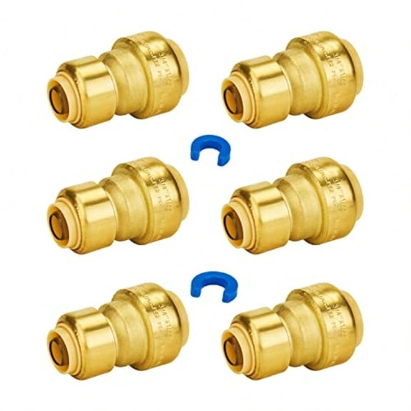 3/4 Inch x 1/2 Inch Reducing Coupling No Lead Brass Push-to-Connect Plumbing Fitting fot PEX Pipe Copper CPVC With 2 Disconnect Clips Pack of 6