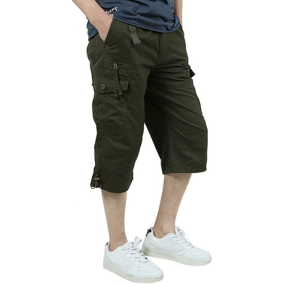 3/4 Length Cargo Shorts for Men Clearance Work Cropped Trousers Loose Fit Multi-Pocket Capris Pants Overalls Lightweight Casual Elasticated Waist Athletic Stretch Chino Shorts