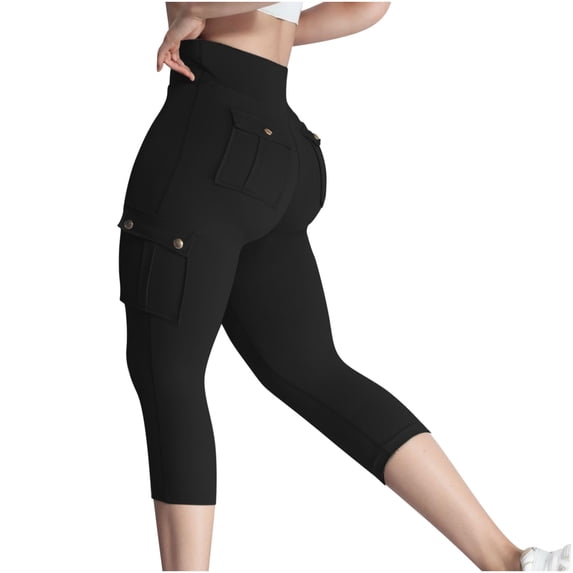 3/4 Length Leggings for Women Ladies High Waist Tummy Control Yoga Pants with Multi Pockets Comfy Stretch Butt Lifting Elastic Waist Cropped Leggings Plus Size Seamless Capri Trouser