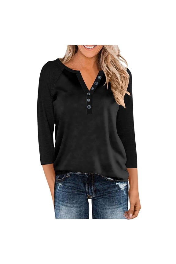 3/4 Length Sleeve Blouses for Womens Fall Tops Cotton Dressy Button V Neck Henley Shirt Casual Raglan Shirts Solid Color Tunic Top Pullover #01 Black XL
