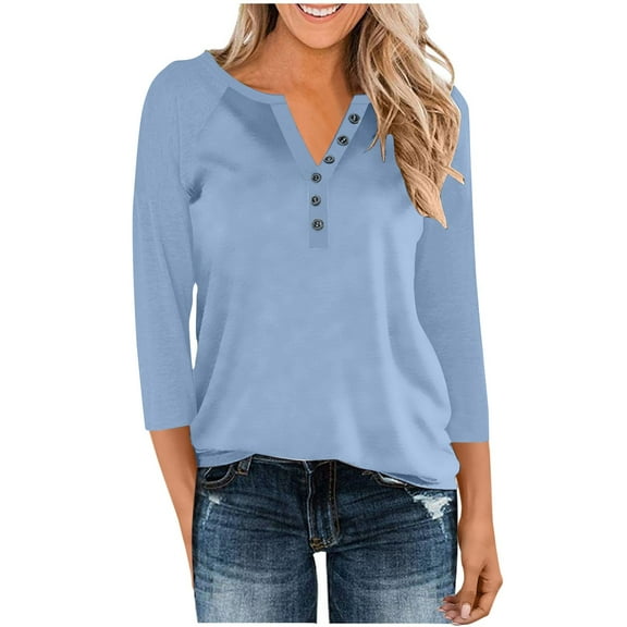 3/4 Length Sleeve Blouses for Womens Fall Tops Cotton Dressy Button V Neck Henley Shirt Casual Raglan Shirts Solid Color Tunic Top Pullover #01 Blue S