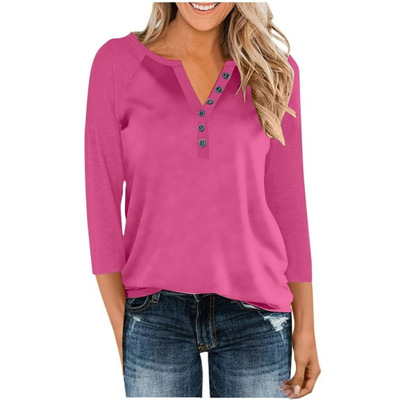 3/4 Length Sleeve Blouses for Womens Fall Tops Cotton Dressy Button V Neck Henley Shirt Casual Raglan Shirts Solid Color Tunic Top Pullover #01 Hot Pink XL
