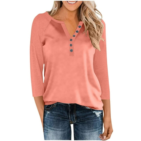 3/4 Length Sleeve Blouses for Womens Fall Tops Cotton Dressy Button V Neck Henley Shirt Casual Raglan Shirts Solid Color Tunic Top Pullover #03 Pink M
