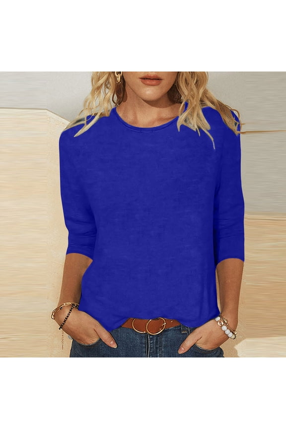 3/4 Length Sleeve Blouses for Women 2024 Casual Summer O-Neck Solid Color Cute Tops,Womens Tops Dressy Casual Fall Loose Fit Pullover