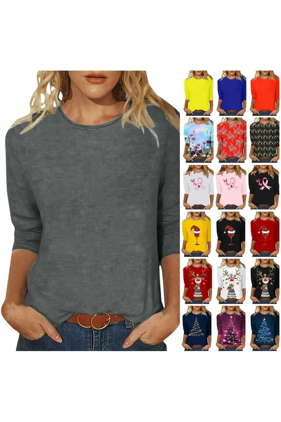 3/4 Length Sleeve Blouses for Women 2024 Casual Summer O-Neck Solid Color Cute Tops,Womens Tops Dressy Casual Fall Loose Fit Pullover