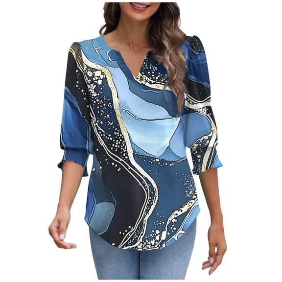 3/4 Length Sleeve Blouses for Womens Spring Summer Tops V Neck Tunic Shirts Fashion Printed Loose Blouses Dressy Women's Casual Shirts Pullover