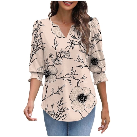 3/4 Length Sleeve Blouses for Womens Spring Summer Tops V Neck Tunic Shirts Fashion Printed Loose Blouses Dressy Women's Casual Shirts Pullover