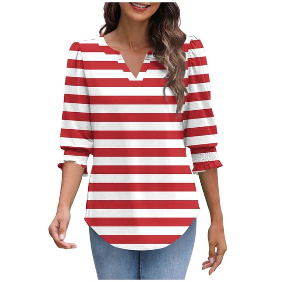 3/4 Length Sleeve Blouses for Womens Spring Summer Tops V Neck Tunic Shirts Fashion Printed Loose Blouses Dressy Women's Casual Shirts Pullover