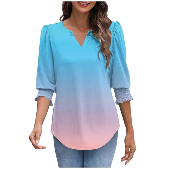 3/4 Length Sleeve Blouses for Womens Spring Summer Tops V Neck Tunic Shirts Fashion Printed Loose Blouses Dressy Women's Casual Shirts Pullover