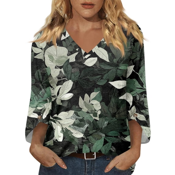 3/4 Length Sleeve Boho Tops for Women, V Neck Floral Flowy Blouses with Button Cuffs Spring Fall Casual Fashion Outfits