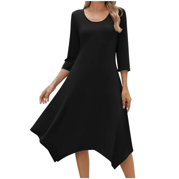 3/4 Length Sleeve Casual Dress for Women Round Neck Solid Color A Line Flowy Midi Dress with Handkerchief Hem 2025