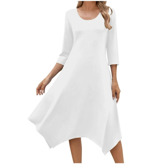 3/4 Length Sleeve Casual Dress for Women Round Neck Solid Color A Line Flowy Midi Dress with Handkerchief Hem 2025