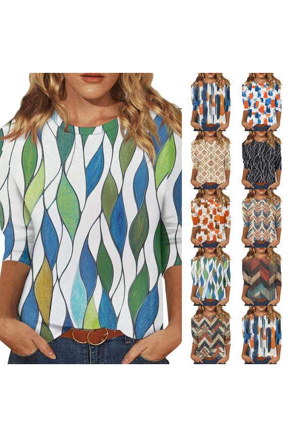 3/4 Length Sleeve Floral Printed Shirts Women's Casual 3/4 Sleeve T-Shirts 2026 Round Neck Tunic Tops Cute Basic Tees Green S