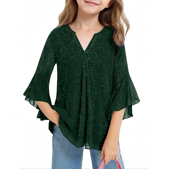 3/4 Length Sleeve Girls Tops Fashion Casual V Neck Pullover Tulle Tops Summer Shirts for Girls Size 3-14