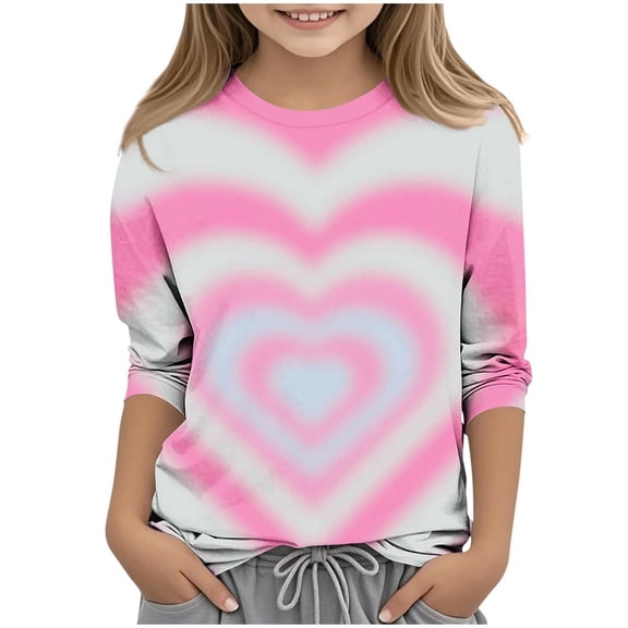 3/4 Length Sleeve Girls Tops Valentine's Day Heart Printed Crew Neck Pullover Shirts Size 3-12