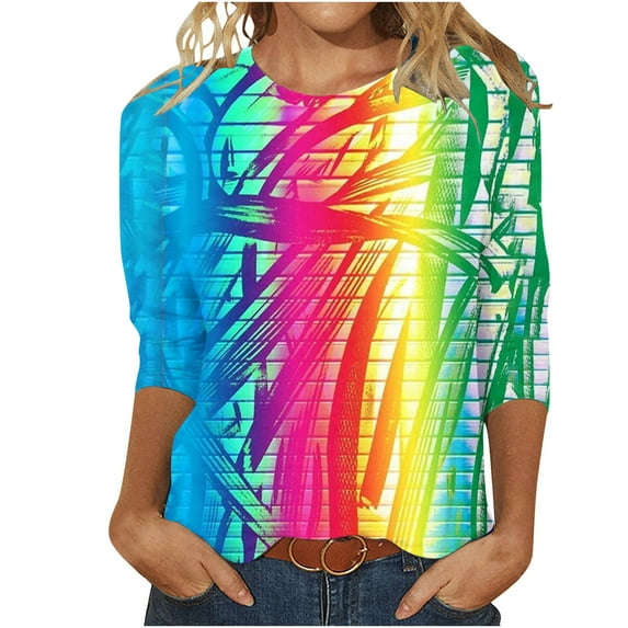 3/4 Length Sleeve Graphic Tees Casual Round Neck Fitted Womens Tops Gradient(Hot Pink,M)