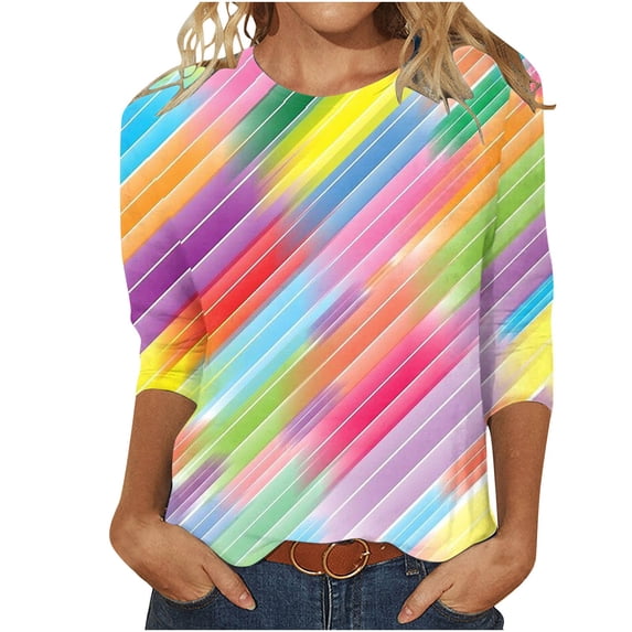 3/4 Length Sleeve Graphic Tees Casual Round Neck Fitted Womens Tops Gradient(Multicolor,M)