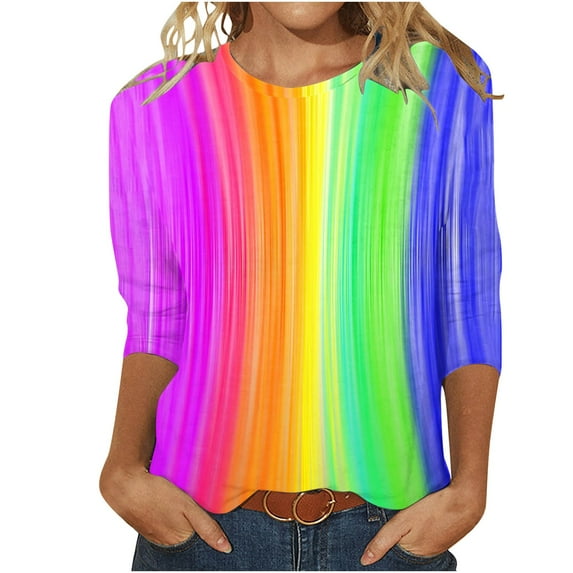 3/4 Length Sleeve Graphic Tees Casual Round Neck Fitted Womens Tops Gradient(Purple,S)
