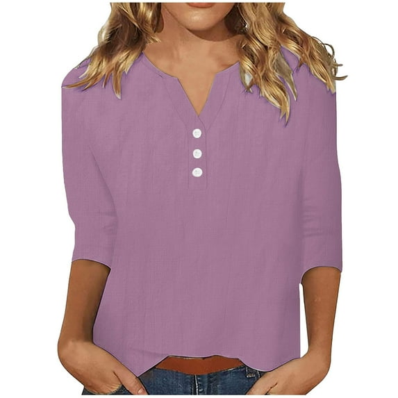 3/4 Length Sleeve Linen Shirt for Women Button V Neck Tops Loose Crewneck Tops Summer Daily T Shirts