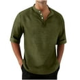 thumbnail image 1 of 3/4 Length Sleeve Mens Shirts Casual Stylish V Neck Button Up Cotton Linen Henley Shirt Summer Beach Vacation Clothes, 1 of 7