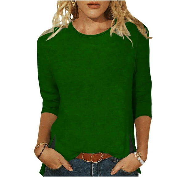 3/4 Length Sleeve Shirts for Women Crewneck Side Slit T-Shirt Three Quarter Sleeve Blouse Tops Lightweight Casual Blouses Fashion Trendy Outfits 2026 Summer Outfits