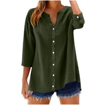3/4 Length Sleeve Shirts for Womens Button Down Henley Neck Tees Shirts Solid Color Tunic Tops Elegant Bussiness Pullover Sweatshirt Blouses 2025 Vacation Trendy Beach Outfits