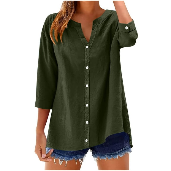 3/4 Length Sleeve Shirts for Womens Button Down Henley Neck Tees Shirts Solid Color Tunic Tops Elegant Bussiness Pullover Sweatshirt Blouses 2025 Vacation Trendy Beach Outfits
