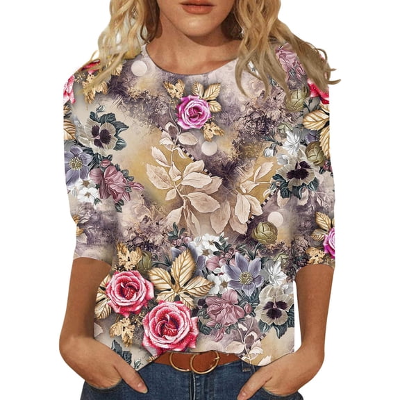 3/4 Length Sleeve Shirts for Women Floral Business Shirts Tops Blouses Tops Loose Fit T-Shirts