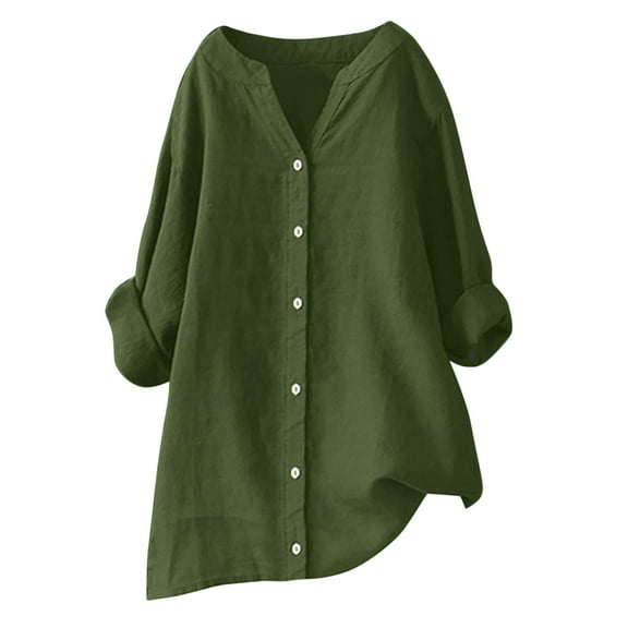 Husipze 3/4 Length Sleeve Shirts for Women Loose Button V-Neck T Shirts Tops Cotton and Linen Tunic Summer Blouse Army Green 4XL