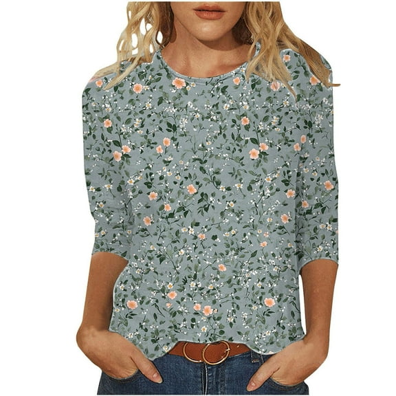 3/4 Length Sleeve Shirts for Women New Summer Clothing Top Fashion Floral Print T-Shirts Women's Blouses Pullover Tops Plus Size