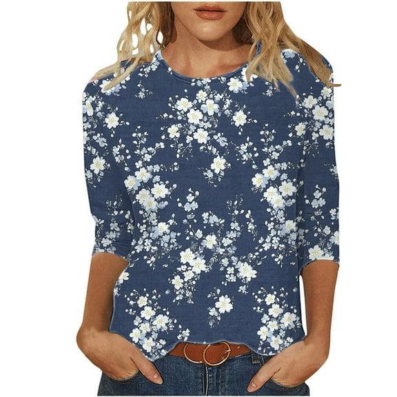 3/4 Length Sleeve Shirts for Women New Summer Clothing Top Fashion Floral Print T-Shirts Women's Blouses Pullover Tops Plus Size