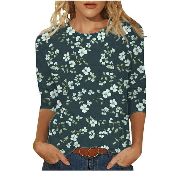 3/4 Length Sleeve Shirts for Women New Summer Clothing Top Fashion Floral Print T-Shirts Women's Blouses Pullover Tops Plus Size