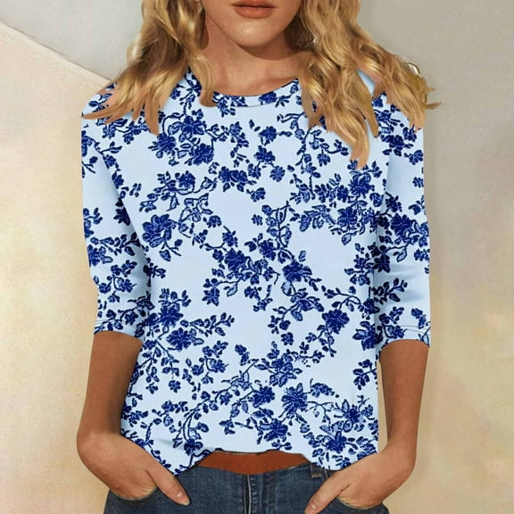 3/4 Length Sleeve Shirts for Women New Summer Clothing Top Fashion Floral Print T-Shirts Women's Blouses Pullover Tops