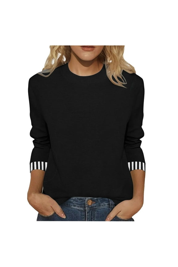 3/4 Length Sleeve Shirts for Women New Summer Clothing Top Fashion Striped Patchwork Sleeve Print T-Shirts Women's Blouses Pullover Tops Plus Size